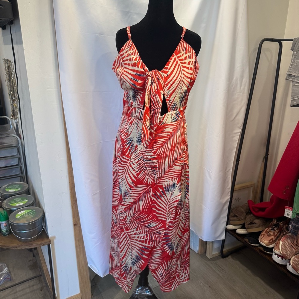 Cupshe Red Leafy Tropical Palm Print Maxi Dress Resort Cut Out NWT, Sz XL
